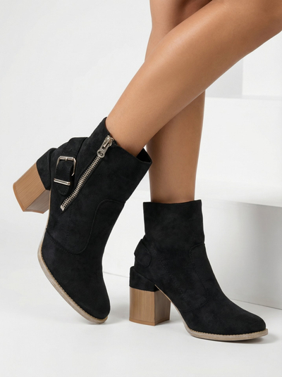 Royalfashion Čierne dámske vysoké čižmy na podpätku z eko-semišu Acimra