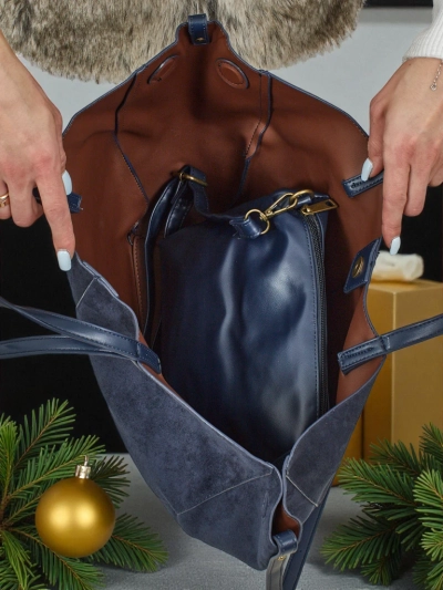 Ženska shopper torba iz eko semiša z manjšo eko usnjeno v kompletu 2v1 Elinea