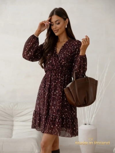 Royalfashion Ženska mini obleka z vzorcem, volančki in preklopnim izrezom