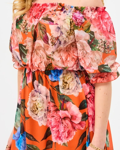 Oranžové dámske dlhé šaty s kvetinovou podšívkou - Oblečenie