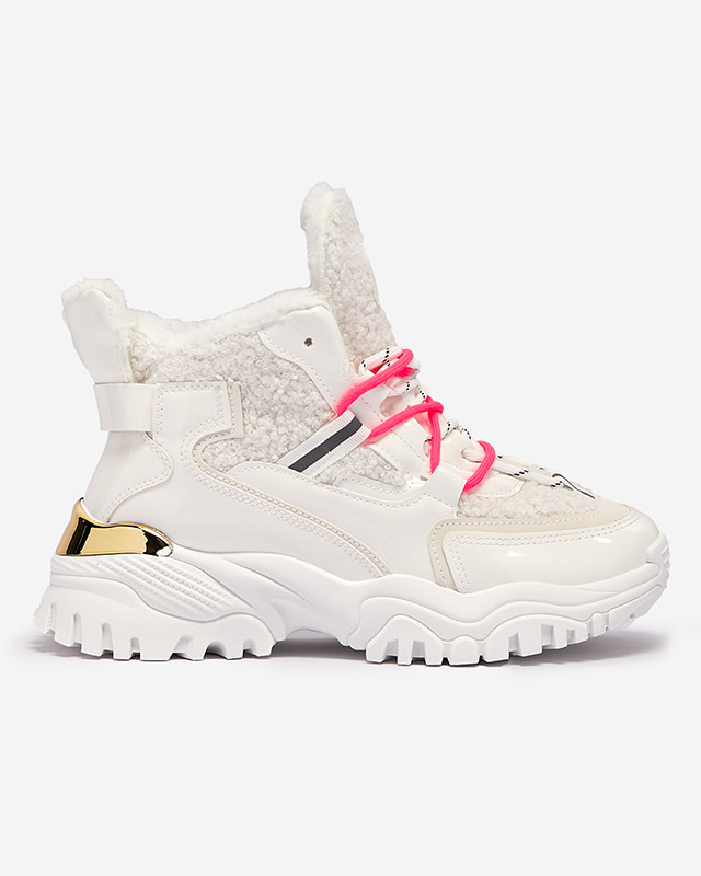 Biele dámske športové tenisky s kožušinou a neónovo ružovými šnúrkami Sagglo- Obuv