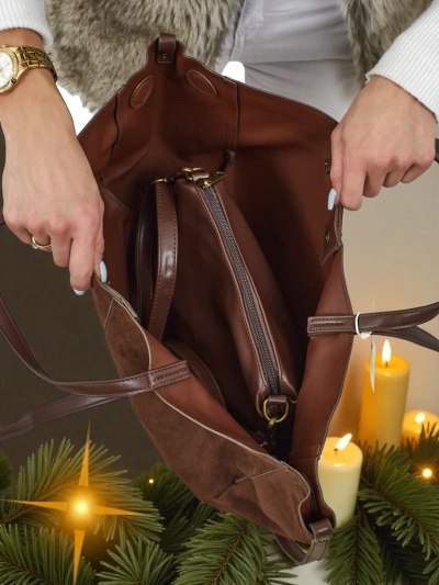 Ženska shopper torba iz eko semiša z manjšo eko usnjeno v kompletu 2v1 Elinea