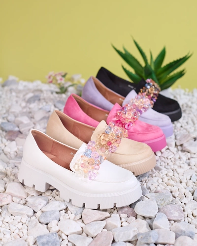 OUTLET Royalfashion Fialové dámske mokasíny s farebnými kryštálmi Crystal Glam
