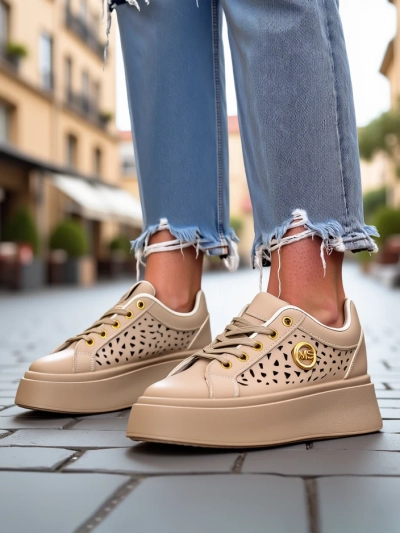 Cleo Ecru Platino – bež superge na platformi Royalfashion eko usnje