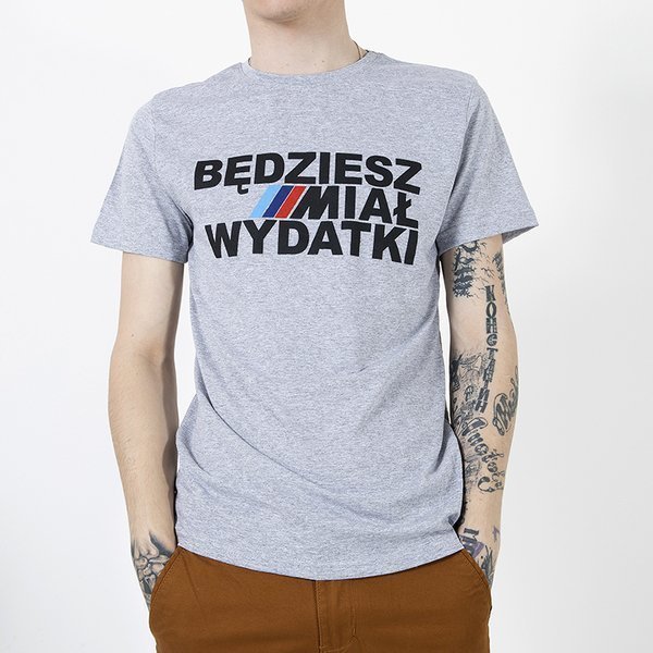 Pánske šedé bavlnené tričko s potlačou - Oblečenie