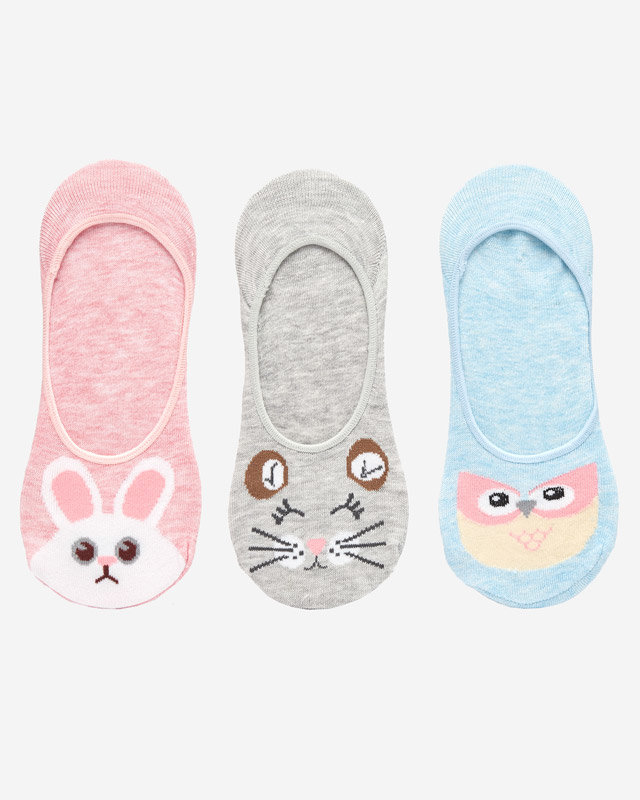 Ružové, modré a sivé dámske ponožky s potlačou zvieratiek 3 / bal - Spodná bielizeň