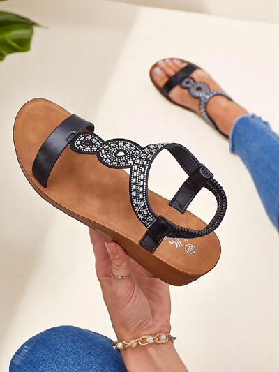 Sandali s Polno Peto Perseida Royalfashion črni iz eko-usnja s kristali 4,5cm