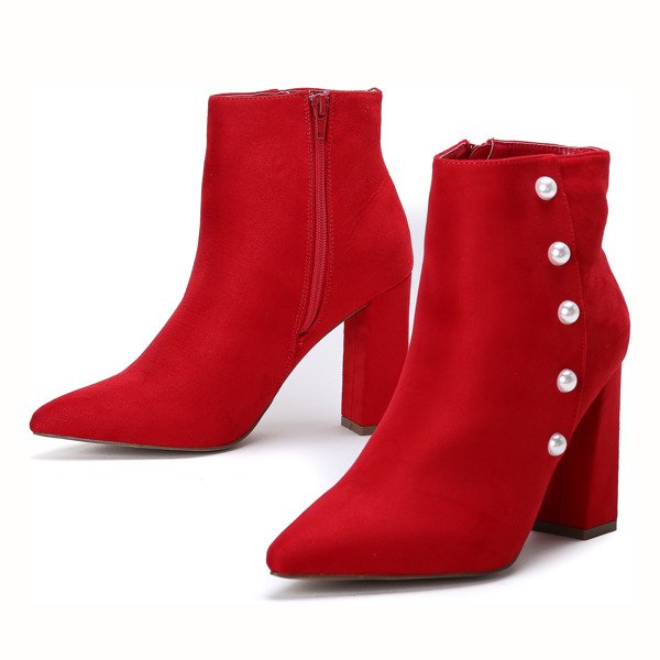 Czerwone botki z perełkami na wysokim słupku Maya - Obuwie