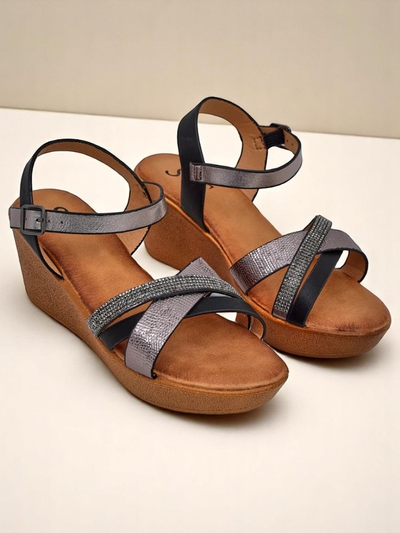 Royalfashion dámske wedge sandále s kamienkami a trblietaním Glittera
