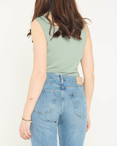 Tmavo zelená blúzka na plece s potlačou a kubickými zirkónmi - Oblečenie