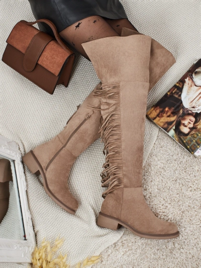 Kozaki damskie za kolano eko zamszowe z frędzelkami Ostrelia