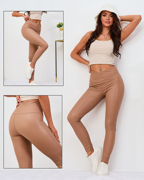 Royalfashion Dámske legíny z ekokože v hnedej farbe