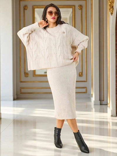 Royalfashion Akrylový pletený ženský set s svetrom a sukňou Warm&Fuzzy