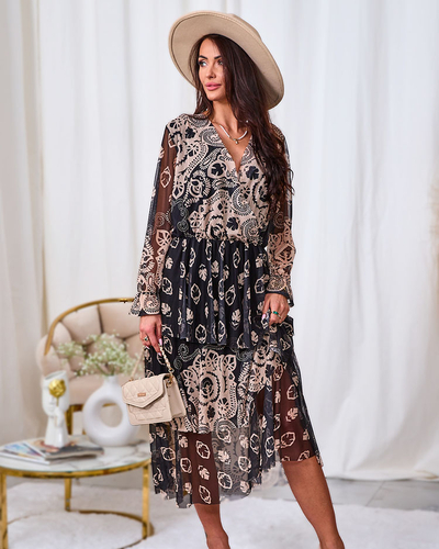 Royalfashion Čierno-béžové sieťované midi šaty s potlačou