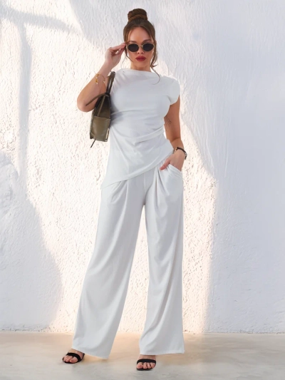 Royalfashion Ženská ribbed súprava, s asymetrickým topom bez rukávov a rozšírenými nohavicami