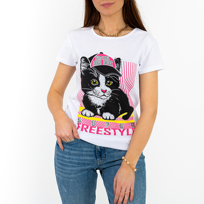 Dámske biele trblietavé tričko s potlačou mačiatok - Oblečenie