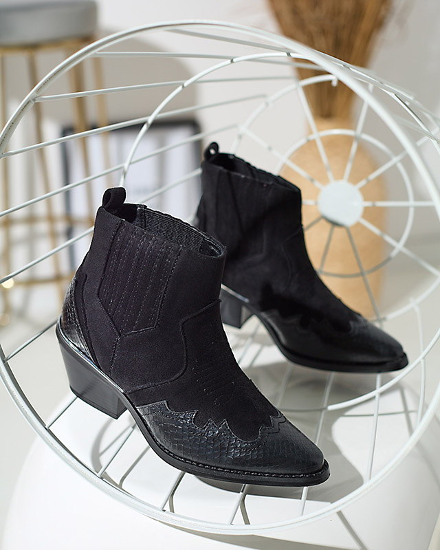 Čierne eko semišové kovbojské čižmy na nízkom stĺpiku Zirras - Obuv