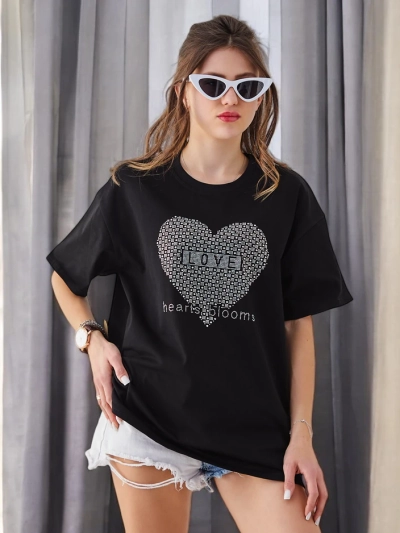 Royalfashion Dámske bavlnené tričko LOVE s kamienkami