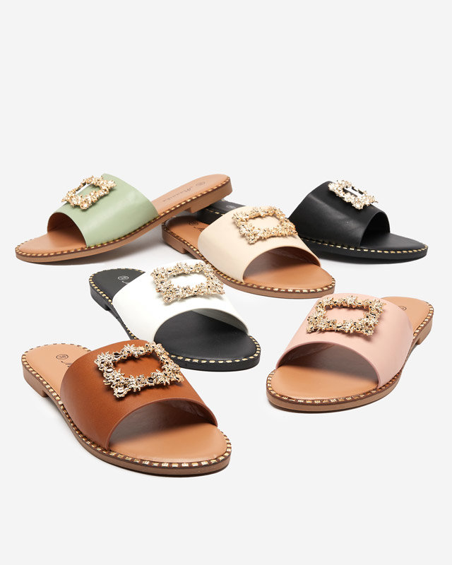 OUTLET Zelené elegantné dámske papuče so zlatým zdobením Meriso - Obuv