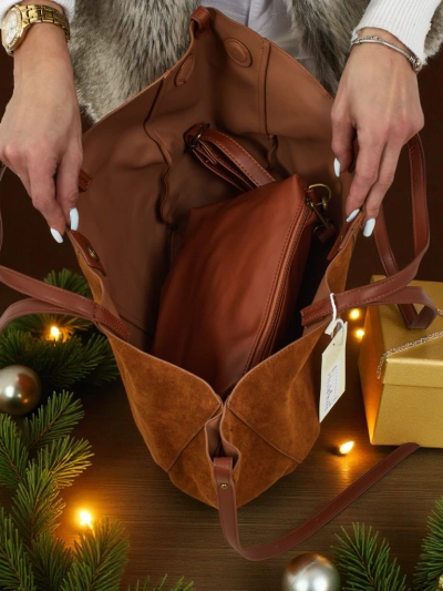 Ženska shopper torba iz eko semiša z manjšo eko usnjeno v kompletu 2v1 Elinea