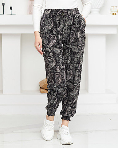 Dámske čiernobiele látkové nohavice s potlačou - Oblečenie