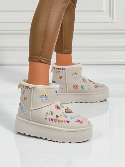 Škornji Lemuria - Kremni snežni škornji Doodle z debelim podplatom Furrini