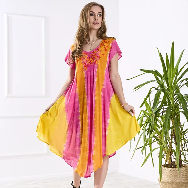 Oranžovo-ružové dámske plážové šaty narzutka- Oblečenie