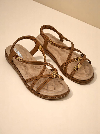 Ženski sandali Royalfashion Cressida camel ploski udobni eko usnje poletje