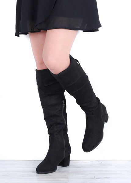 Czarne kozaki na słupku Rozalia - Obuwie