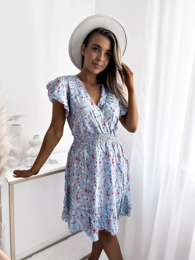 Royalfashion Modré dámske mini šaty s kvetinovým motívom