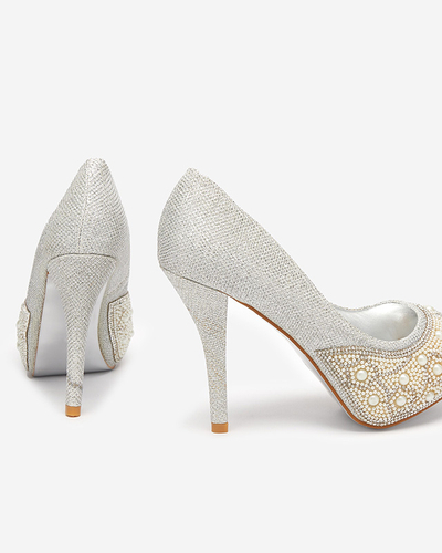 Strieborné dámske lesklé vysoké opätky s kubickým zirkónom a perlami Mira - Obuv