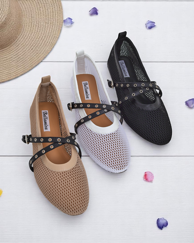 Balerinke Royalfashion Calista Bianca – mrežasti beli ženski čevlji s črnimi paščki
