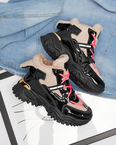 Čierna dámska športová obuv s kožušinou a neónovo ružovými šnúrkami Adbo- Footwear