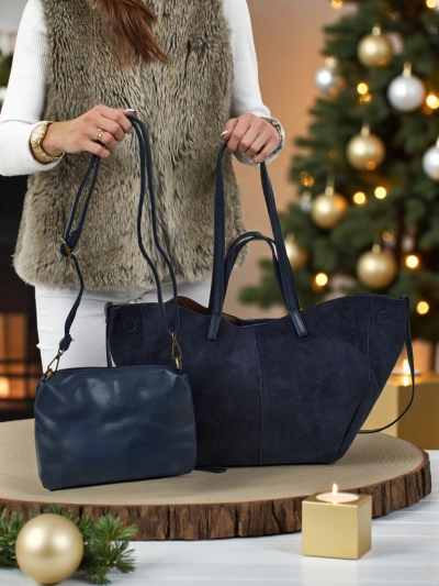 Ženska shopper torba iz eko semiša z manjšo eko usnjeno v kompletu 2v1 Elinea