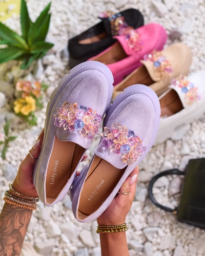 OUTLET Royalfashion Fialové dámske mokasíny s farebnými kryštálmi Crystal Glam