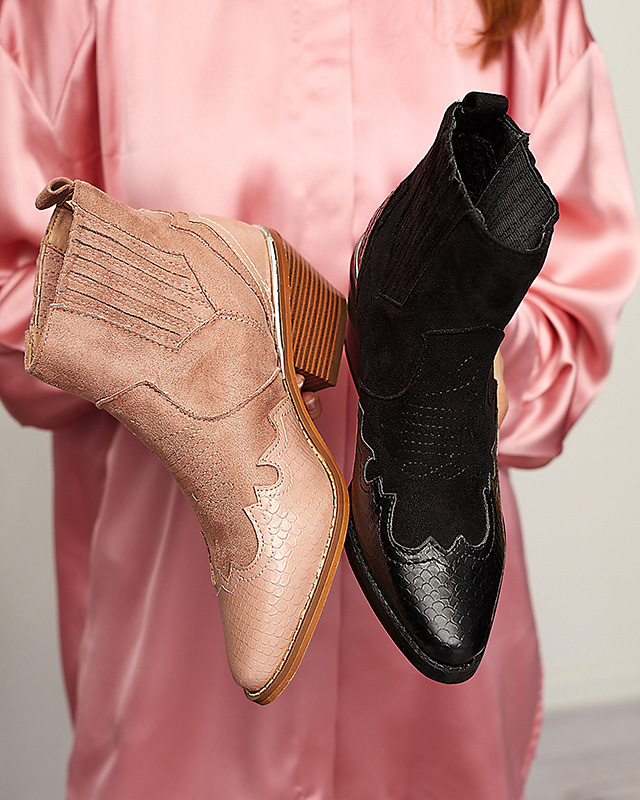 Čierne eko semišové kovbojské čižmy na nízkom stĺpiku Zirras - Obuv