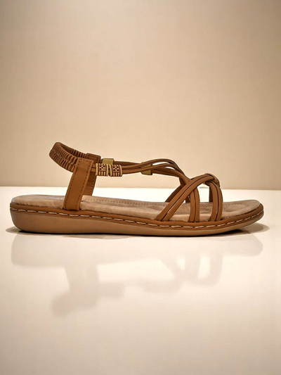 Ženski sandali Royalfashion Cressida camel ploski udobni eko usnje poletje