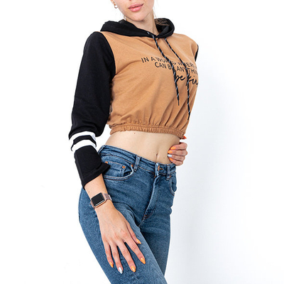 Hnedá dámska mikina s kapucňou s kapucňou a nápismi - Oblečenie