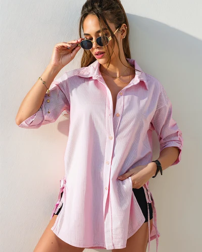 Royalfashion Bavlnená dlhá pruhovaná košeľa pre ženy s viazaním v páse