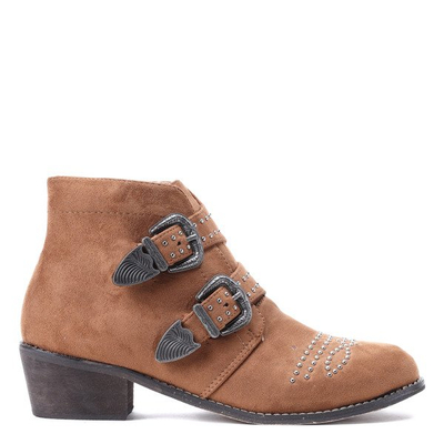 Brązowe botki na obcasie z dżetami Amelie- Obuwie