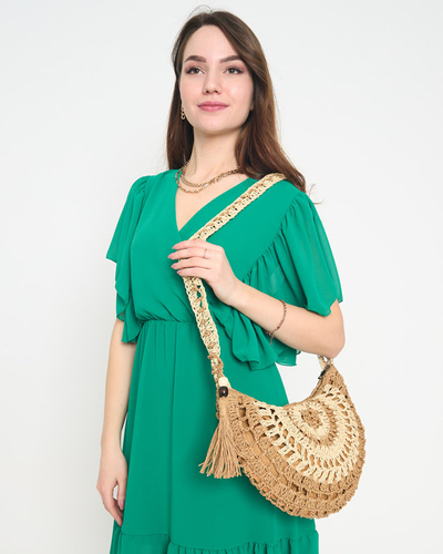 Dámska hnedá slamená taška s ozdobnými strapcami - Doplnky