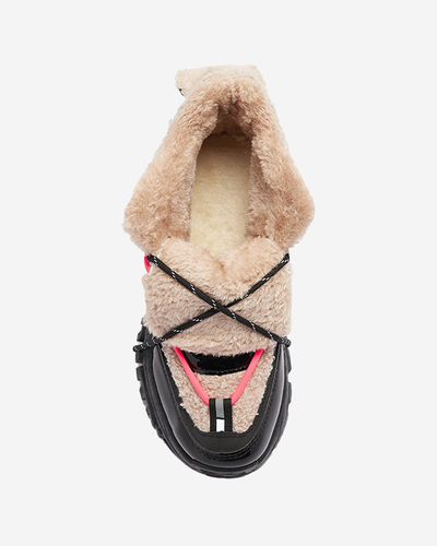 Čierna dámska športová obuv s kožušinou a neónovo ružovými šnúrkami Adbo- Footwear