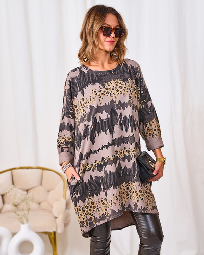 Royalfashion Vzorované dámske šaty v hnedej farbe