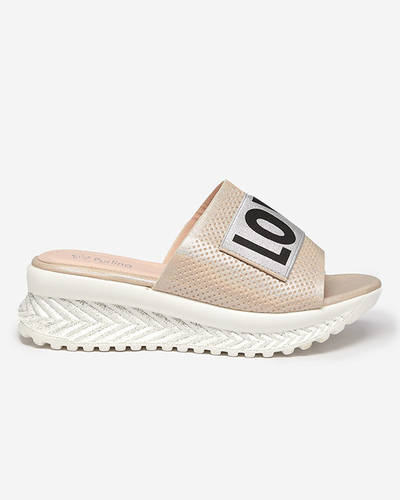 Dámske béžové lesklé papuče s nápisom Sosha- Footwear