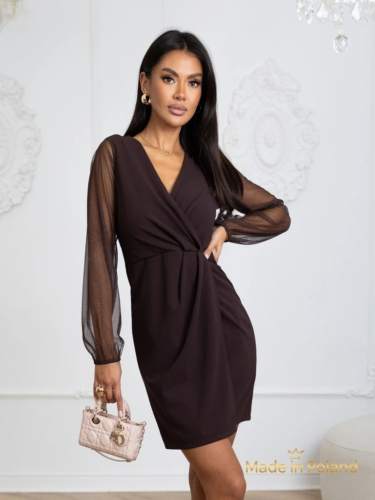 Elegantna ženska mini obleka z mrežastimi rokavi Melisa