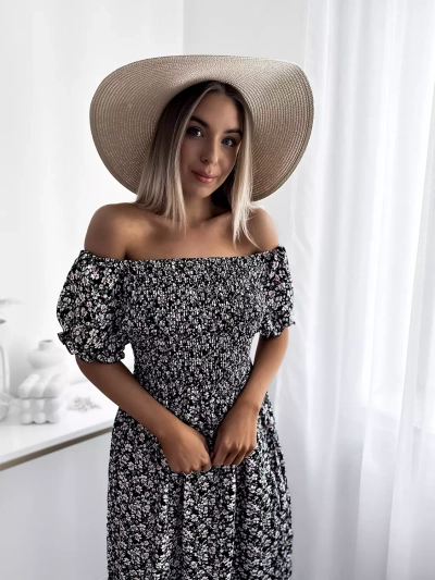 Čierne dámske kvetinové midi šaty - Oblečenie