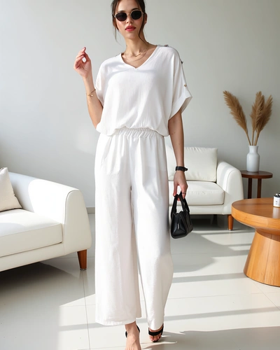 Royalfashion Dámsky voľný set s blúzkou s krátkym rukávom a širokými nohavicami