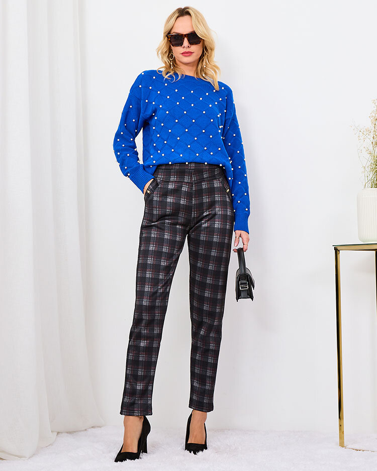 Royalfashion Šedo-červené dámske zateplené kárované tregíny