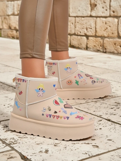 Topli Čevlji Callisto Angelico z Otroškimi Risbami na Platformi Bež