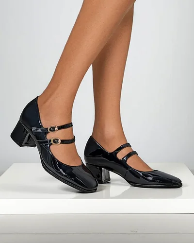 Royalfashion Lakované dámske podpätky na blokovom opätku so strapcami Weyy